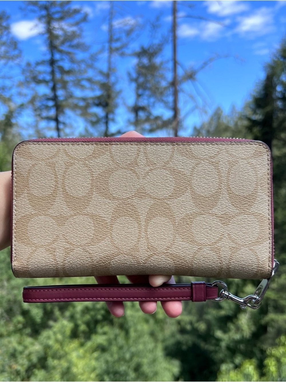 COACH Wallet Wristlet Credit Card Holder Zip-Around Wallet Khaki/Pink AUTHENTIC - Picture 2 of 11
